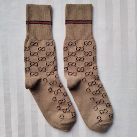 GUCCI | Web Stripe Camel Brown GG Logo Jacquard Knit Calf Socks Unisex Pre-Owned - Picture 4 of 11